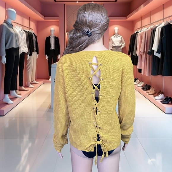 Forever 21 x Ambiance Apparel Ribbed Knit Mustard Lace-Up Sweater - Picture 1 of 7